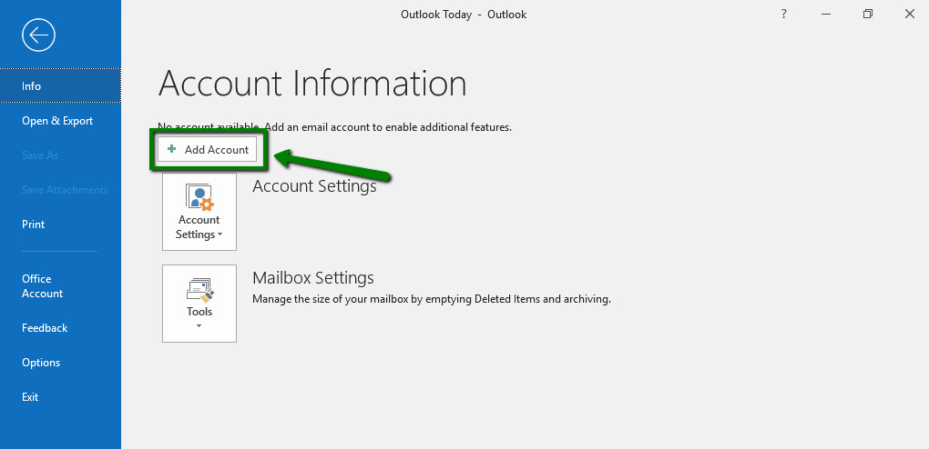 microsoft outlook add account